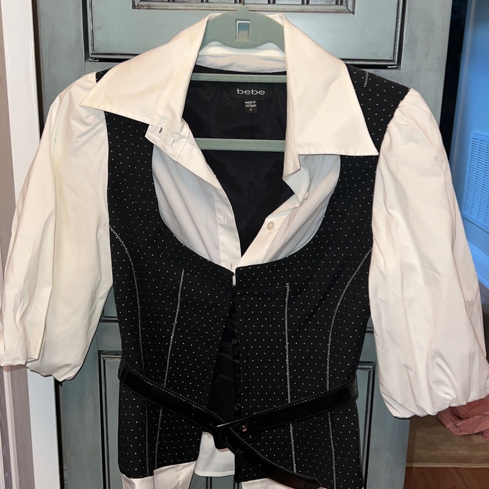 Bebe Black and White Polka Dot Vest with Puff Sleeves